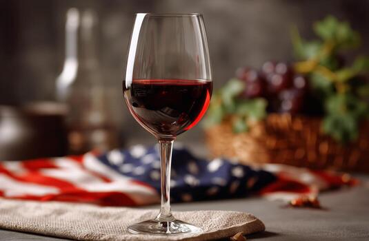 Dark Red Wine Glass Placed on a Table With an American Flag and Grapes in the Background photo