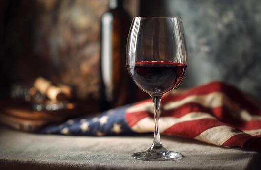 Red Wine Glass Placed on Textured Fabric With Colorful Backdrop Indoors photo