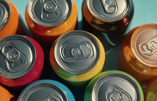Vibrant Collection of Colorful Soda Cans Arranged in a Lively Pattern During Sunny Afternoon photo