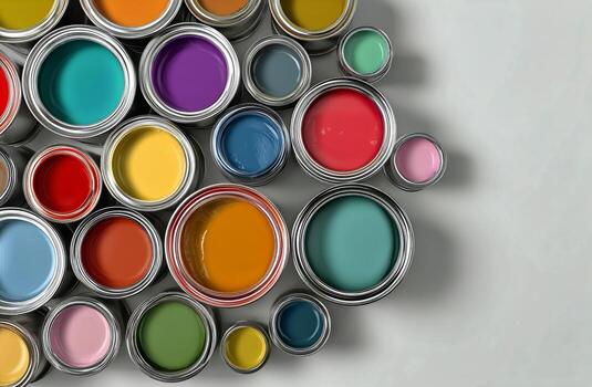 Colorful Paint Cans Arranged in a Creative Pattern on a Light Background photo