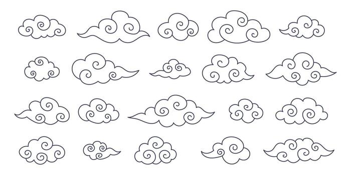 Set of outlines of Asian clouds. Minimalistic Chinese and Japanese linear clouds for patterns, print and digital design. vector