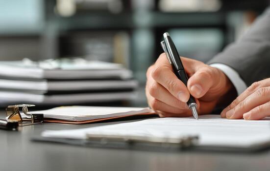 Business Professional Signing a Contract at an Office Desk During Working Hours photo