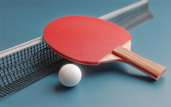 Table Tennis Paddle and Ball Resting by the Net on a Blue Surface photo