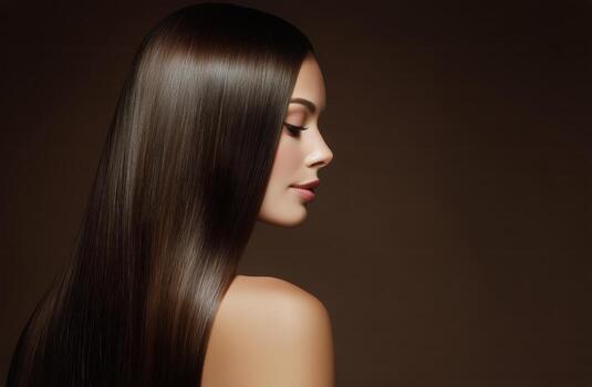 Sleek and Shiny Long Hair Showcased With a Smooth Profile Against a Warm Background photo