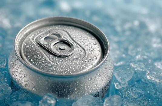 Chilled Beverage Can Resting on Ice in a Cool Blue Setting During a Hot Summer Day photo