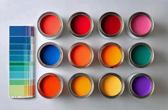 Colorful Paint Cans and Swatch Display at a Home Improvement Store in Daylight photo