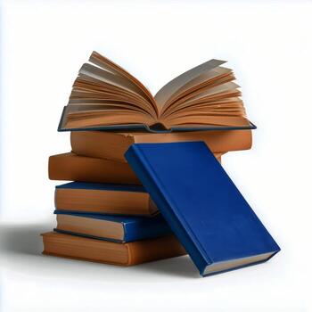 Stacked Books With an Open Blue Book Showing Its Pages Against a Light Background photo