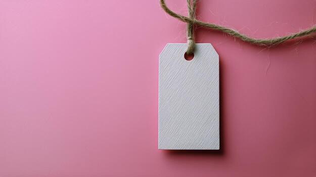 Blank Tag on String Against Pink Background for Labeling and Crafting Purposes photo