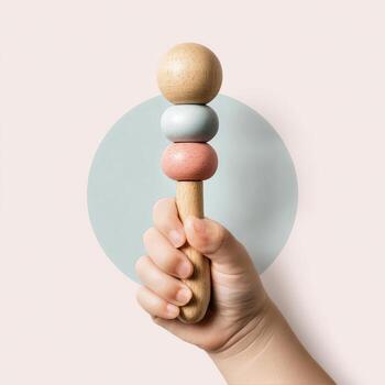 Toddler Holding Colorful Wooden Toy in a Light Grey Setting for Playful Learning photo