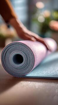 Yoga Mat Preparation for a Calming Indoor Exercise Session in a Serene Space photo