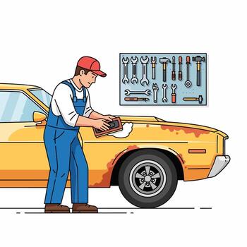 Mechanic Working on a Rusty Yellow Car in a Garage Setting vector