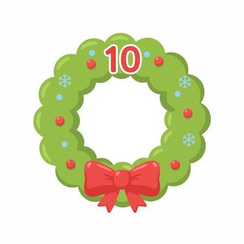 Cute Christmas Advent Calendar Wreath Icon Showing Day 10 with Red Bow and Snowflakes vector