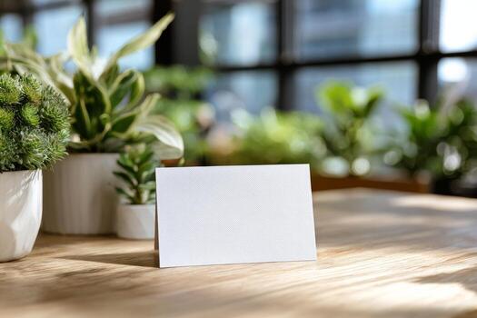 Table Setting With Blank Card Surrounded by Green Plants in Bright Sunlight photo