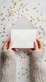 Holding a Blank Envelope Surrounded by Golden Confetti on a White Surface photo