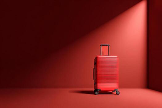 Bright Red Suitcase Stands Alone in an Empty Room With Warm Lighting photo
