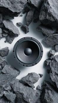 Speaker Surrounded by Rocks on a Clean Surface in a Creative Setup photo