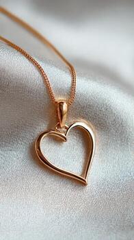 Shining Heart Pendant on Delicate Chain Rests on Smooth Fabric Surface photo