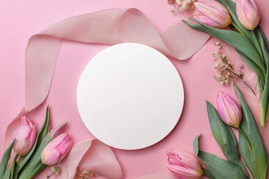 Pink Background With Empty Plate and Fresh Tulips for Spring Decoration photo