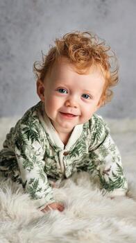 Cute Baby With Curly Red Hair Smiling While Crawling on a Soft Blanket Indoors photo