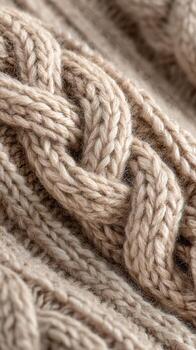 Cozy and Textured Knitted Fabric Showcasing Intricate Cable Pattern in Warm Beige Tones photo