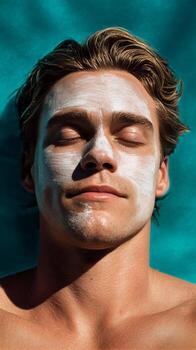Young Man Relaxing by the Pool With Face Mask on During Sunny Day photo