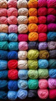 Colorful Yarn Collection Displayed in a Vibrant Array for Crafting and Creativity photo