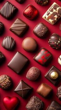 Assorted Gourmet Chocolates Displayed on a Rich Red Background photo