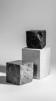 Sculptural Arrangement of Three Textured Cubes in Black and White Tones on a Neutral Background photo