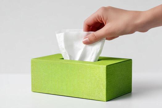 Hand Placing Tissue Into Green Box on a White Table in a Clean Space photo