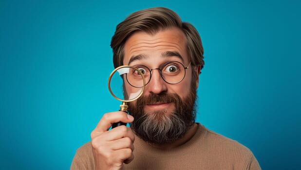 Man With Glasses Holding Magnifying Glass in Front of Blue Background photo