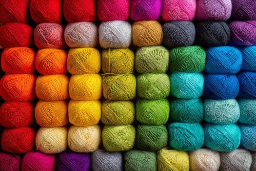 Colorful Yarn Display Arranged in Vibrant Rows Showcasing Various Shades photo