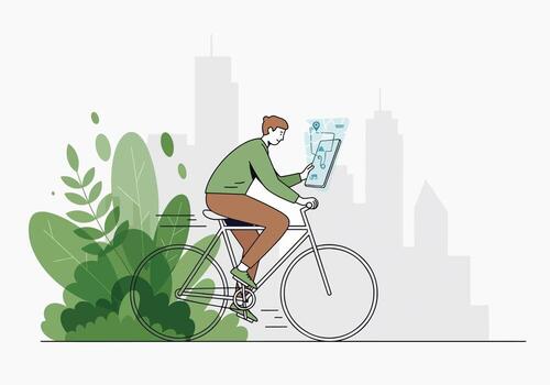 hombre montando bicicleta utilizando navegación aplicación en tableta en urbano ajuste vector