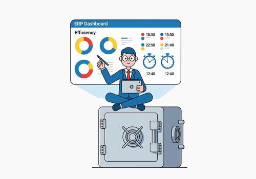 Business Executive Analyzing Efficiency Data from Secure ERP Dashboard vector