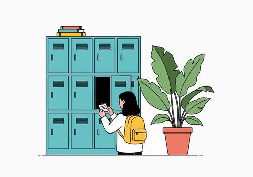 Student placing a note inside an open locker with a plant vector