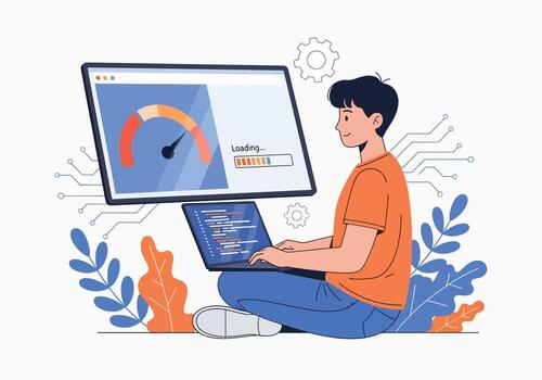 Man coding on laptop with loading bar and progress indicator vector