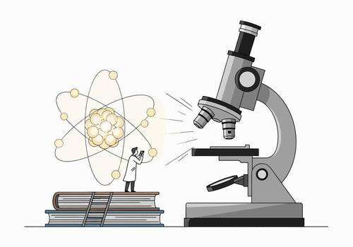 Scientist Examining Atomic Structure with Microscope and Books vector