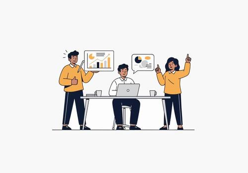 Business team collaborating on a project with data charts vector