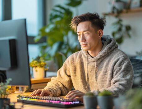 Asian man concentrating typing on computer keyboard at home photo