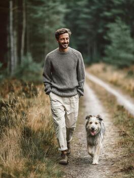 Man and dog walking on autumn forest path photo