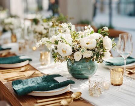 Wedding reception table setting with floral centerpiece photo