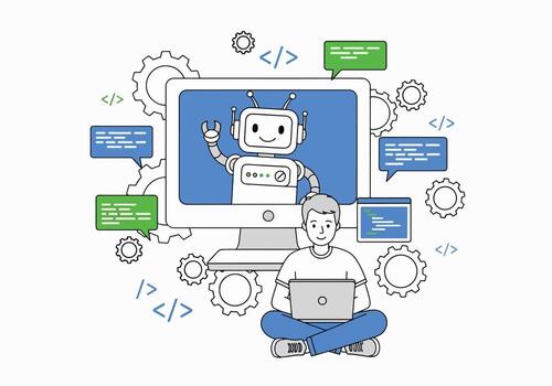 Person working on a laptop with a robot on computer screen vector