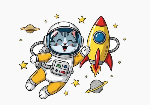 linda gato astronauta flotante con cohete en exterior espacio aventuras vector