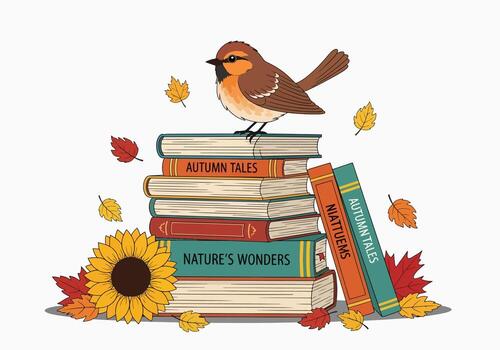 Charming bird perched on a stack of colorful autumn-themed books vector