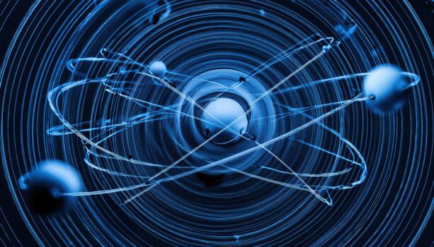 Vibrant abstract representation of atomic structure with swirling lines around the nucleus photo