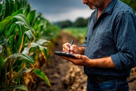 A farmer is closely examining a cornfield while taking notes on a clipboard. The overcast sky hints at possible rain, suggesting a need for careful monitoring of the crops photo