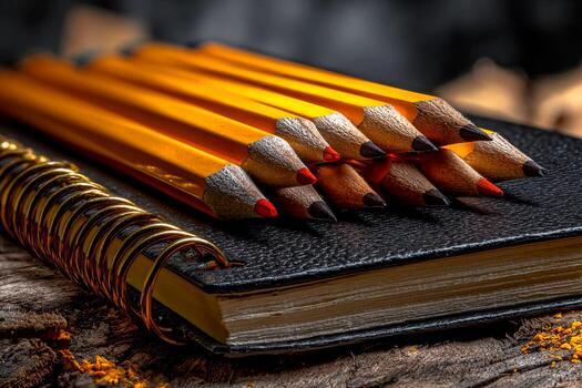 A collection of sharpened colored pencils is arranged neatly on top of a black notebook. The background shows a rustic wooden surface, enhancing the creative atmosphere photo
