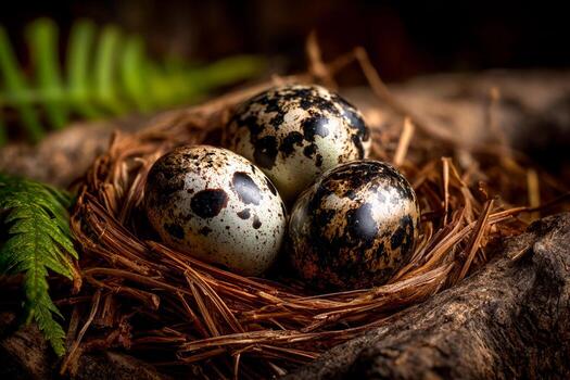 Three speckled eggs rest in a cozy nest made of straw and twigs. The setting is serene, with green ferns in the background, creating a peaceful natural atmosphere photo