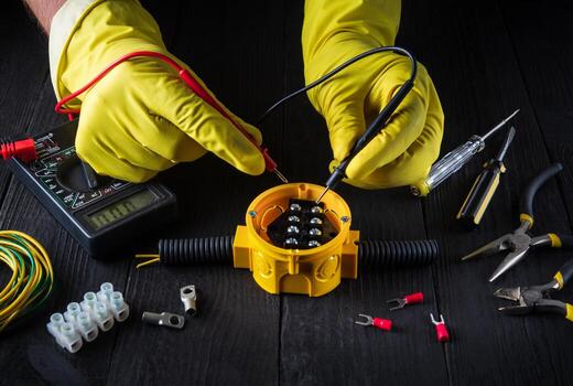 Professional electrician uses a tester to check the contacts in the yellow junction box. Working environment in the workshop photo