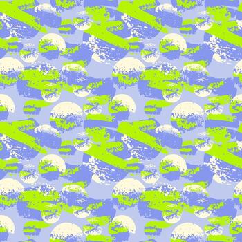 Seamless abstract pattern with textured circular and brush like shapes in vivid lime green, lavender, and cream tones. Trendy geometric design for fabric and prints vector