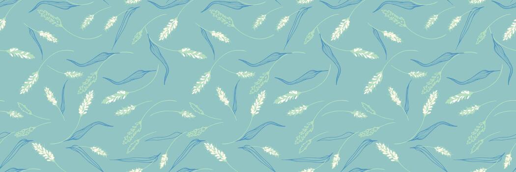 Seamless pattern with graceful wheat stems and curved leaves in soft blue and cream tones on a teal background. Elegant botanical design for fabric, decor, and packaging vector